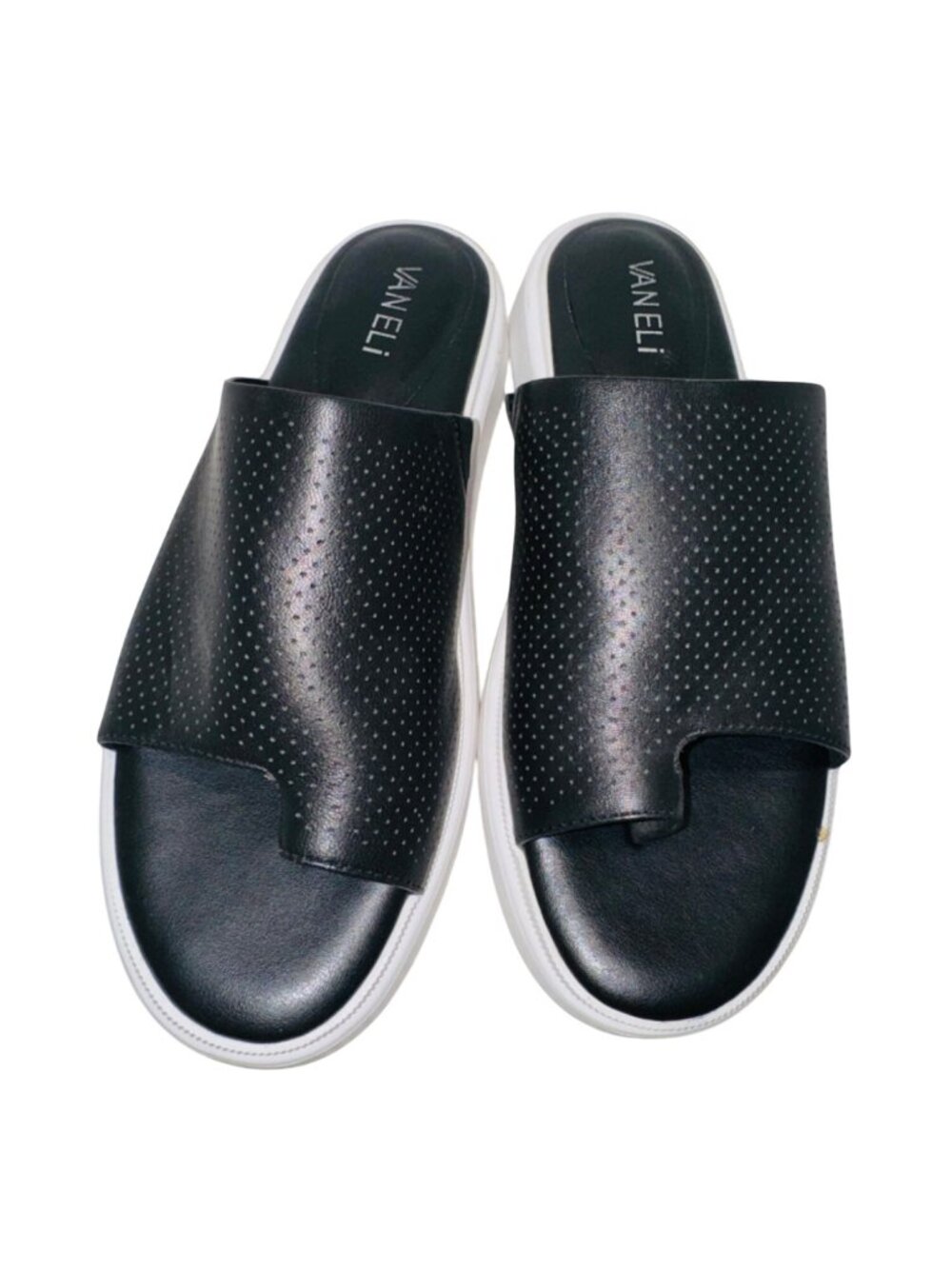 Vaneli Colver Perforated Black Leather Comfort Cushioned Slide Sandals Size 8M